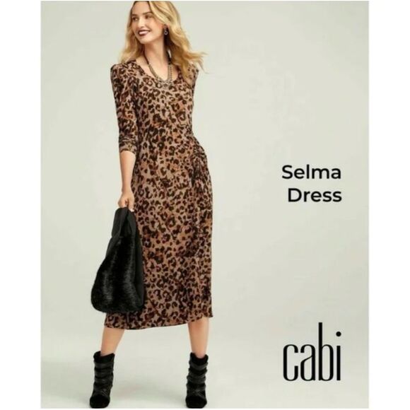 Cabi Selma Leopard Midi Dress Size S Stretchy 3/4 sleeve Glam Soft - Picture 1 of 15